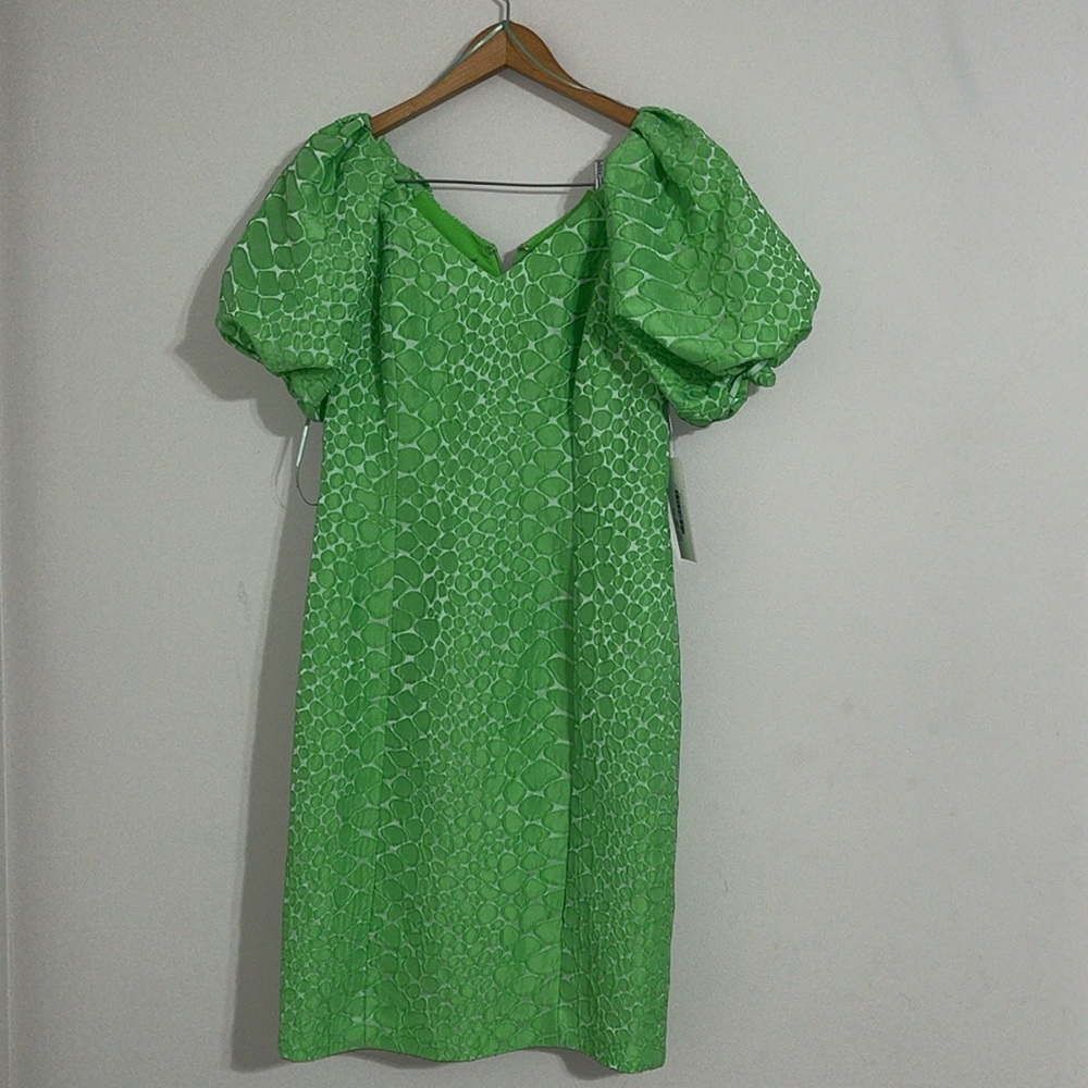 Teri Jon Ricky women’s jacquard puff statement sleeve vibrant Green shift Dress